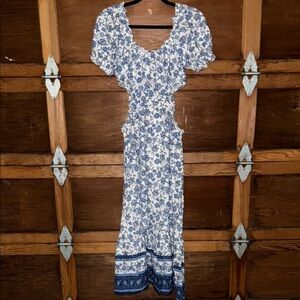 Blue and White Scoop Neck Maxi Sundress with cutouts